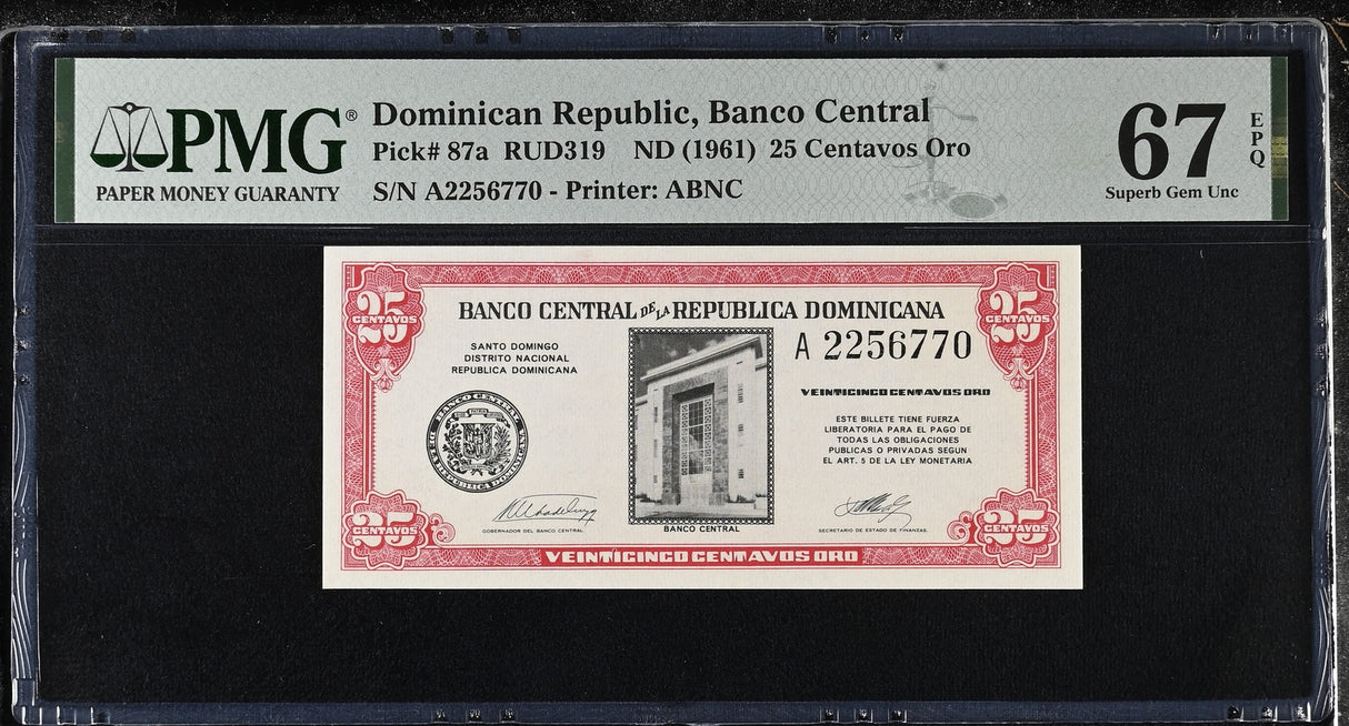 Dominican Republic 25 Centavos Oro ND 1961 P 87 a Superb Gem UNC PMG 67 EPQ TOP