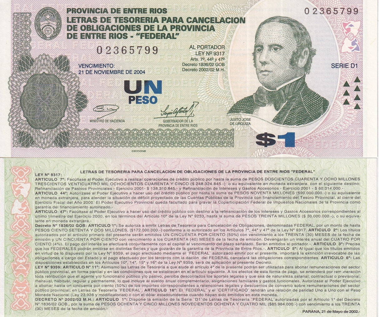 Argentina 1 Pesos 2001 Emergency Entre Rios UNC