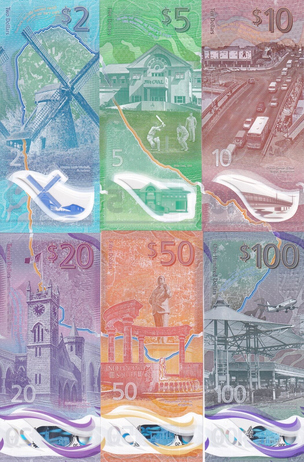 Barbados SET 6 UNC 2 5 (10 2022) 20 50 100 Dollars 2024 POLYMER P 80 81 82-84 85