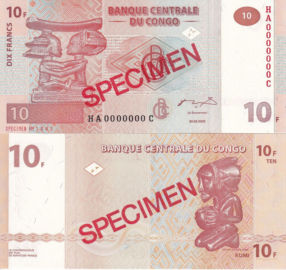 Congo 10 Francs 2003 P 93A G&D Specimen UNC