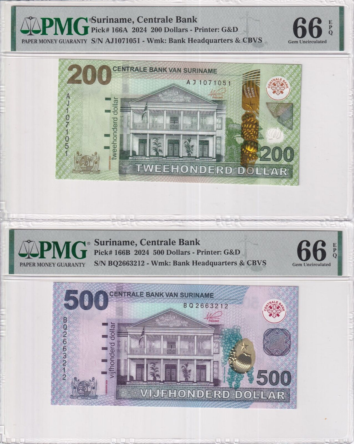 Suriname SET 2 ;200 500 dollars 2024 P 166A P 166B NEW Denom Gem UNC PMG 66 EPQ