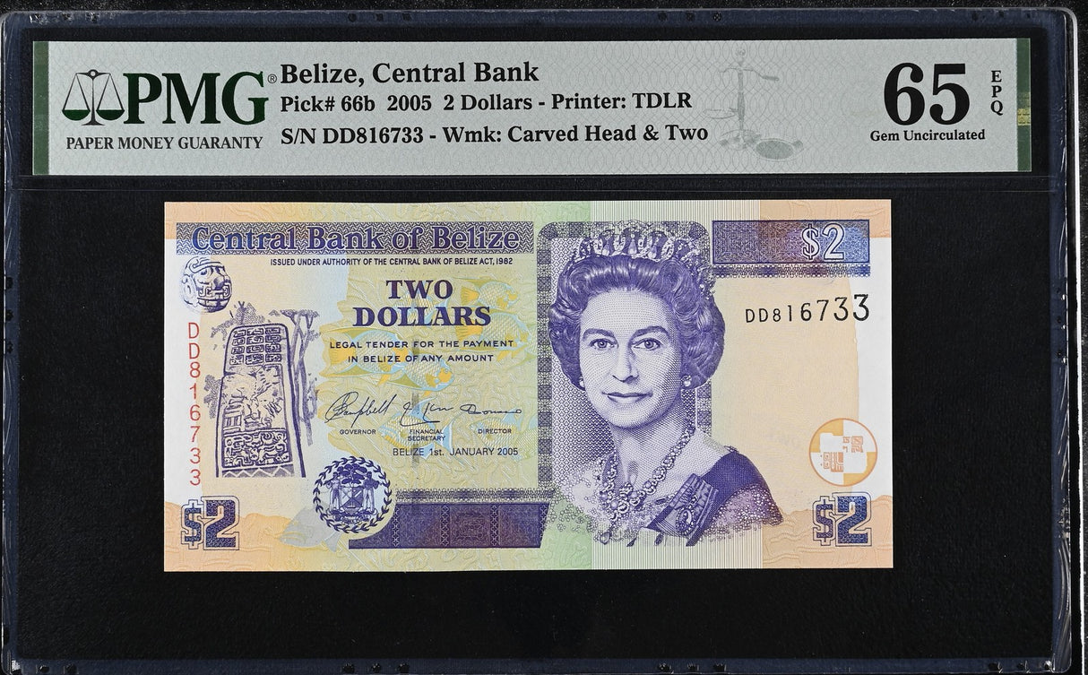 Belize 2 Dollars 2005 P 66 b Gem UNC PMG 65 EPQ