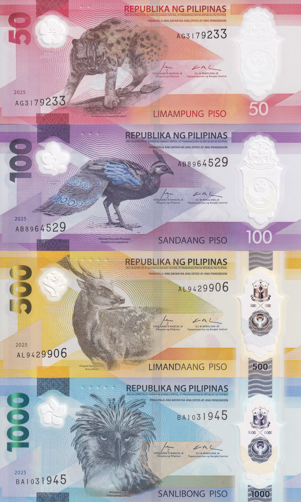 Philippines SET 4 UNC 50 100 500 1000 Piso 2025 Polymer P NEW Leopard