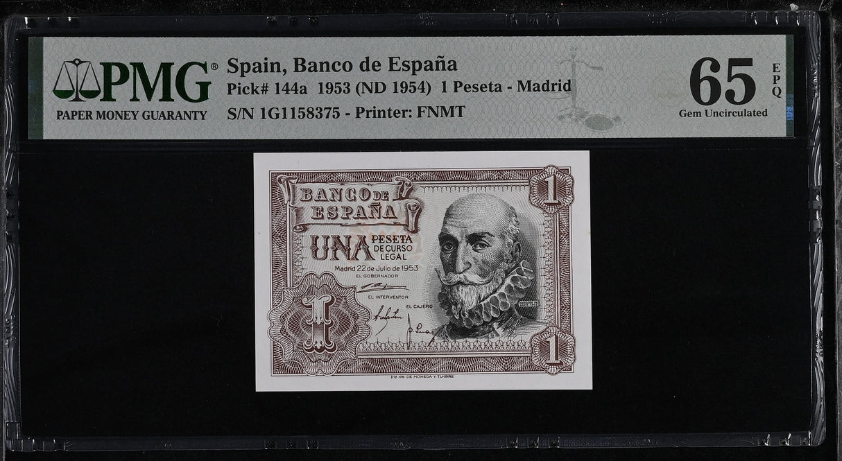 Spain 1 Pesetas 1953 ND 1954 P 144 a Gem UNC PMG 65 EPQ