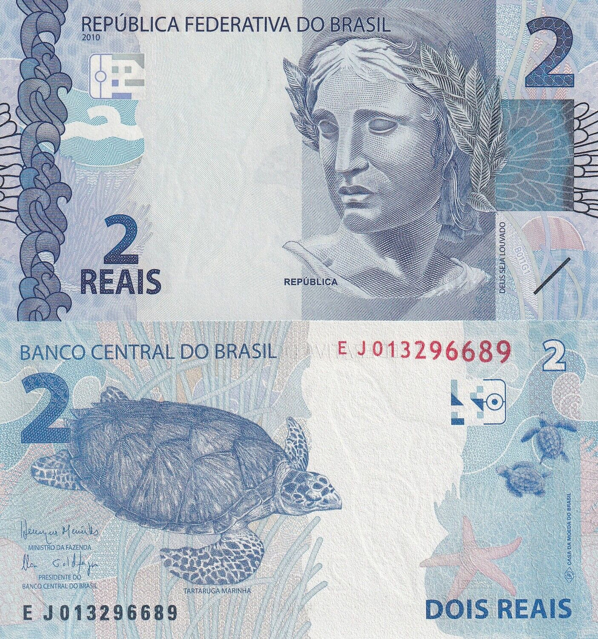 Brazil 2 Reais 2010 P 252 d Henrique Meirelles & Ilan Goldfajn UNC