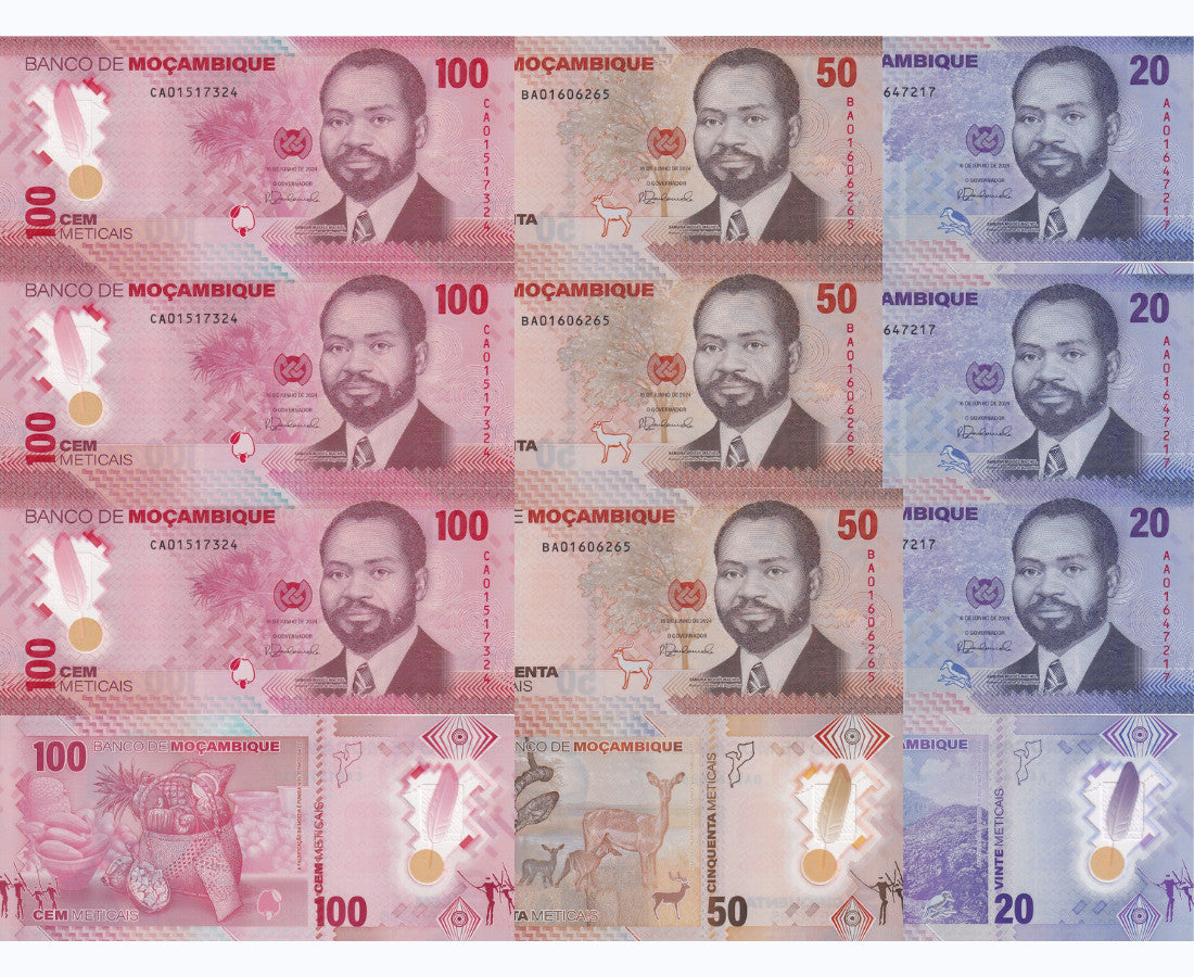 Mozambique set 3 UNC 20 50 100 Met. 2024 Polymer P 155 156 157 LOT 3 SETS 9 Pcs