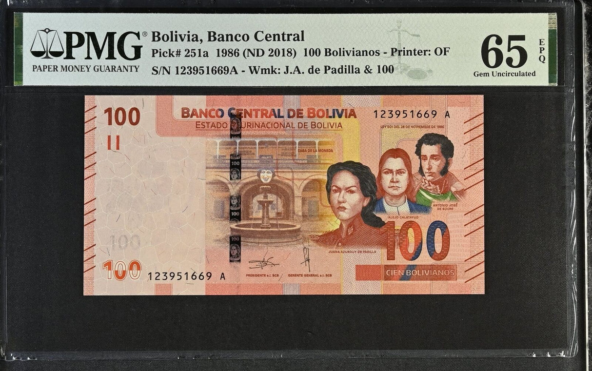 Bolivia 100 Bolivianos 1986 ND 2018 P 251 a Gem UNC PMG 65 EPQ