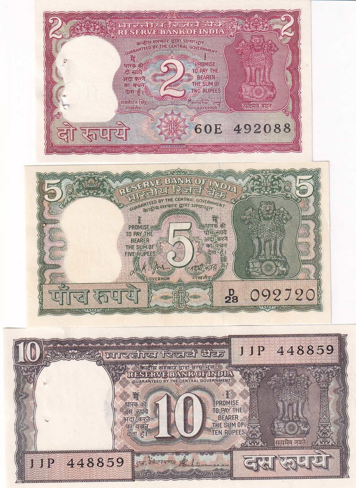 India Set 3 Pcs 2 5 10 Rupees ND Random sign P 53A P 67 P 68 UNC W/Issued Hole