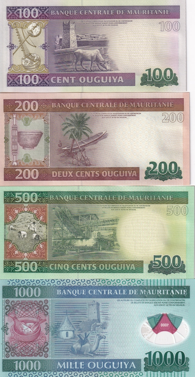 Mauritania Set 4 UNC 100 200 500 Ouguiya (1000 polymer) 2013-2014 P 16 17 18 19