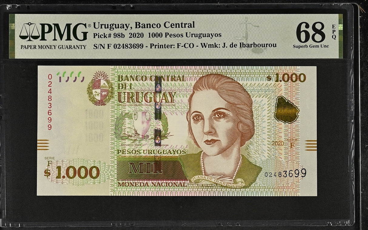 Uruguay 1000 Pesos Uruguayos 2020 P 98 b Superb Gem UNC PMG 68 EPQ