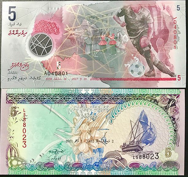 Maldives Set 2 UNC 5 Rufiyaa 2011- 2015/2017 Polymer Papper P A26 UNC
