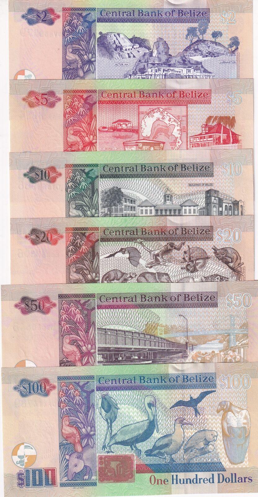 Belize Set 6 PCS 2 5 10 20 50 100 Dollars 2020-2022 P 66 67 68 69 70 71 UNC