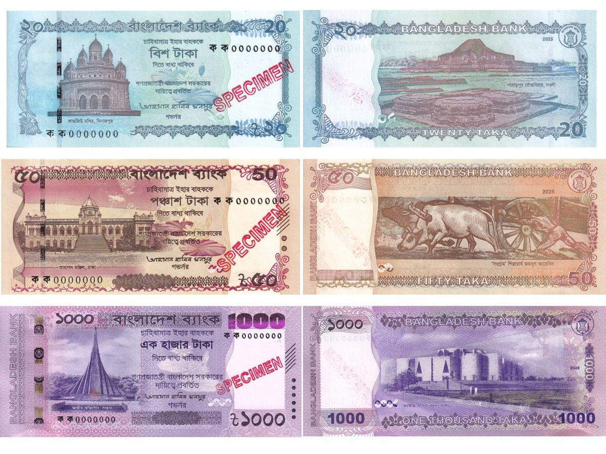 Bangladesh set 3 UNC 20 50 1000 Taka 2025 P 77 78 82 SPECIMEN