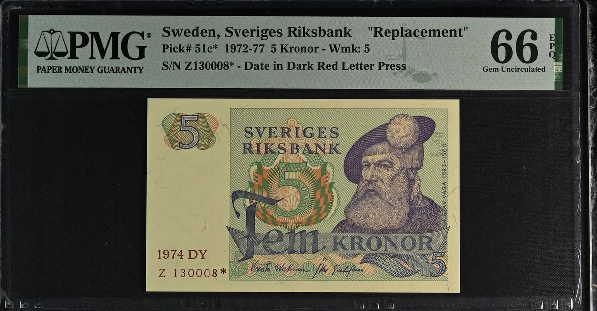Sweden 5 Kronor 1974 P 51 c* Replacement Gem UNC PMG 66 EPQ