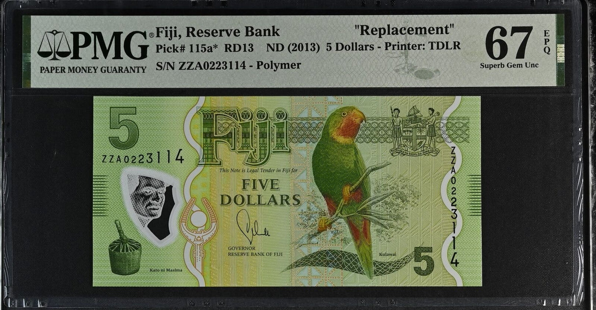 Fiji 5 Dollars ND 2013 P 115 a* Replacement Polymer Superb Gem UNC PMG 67 EPQ