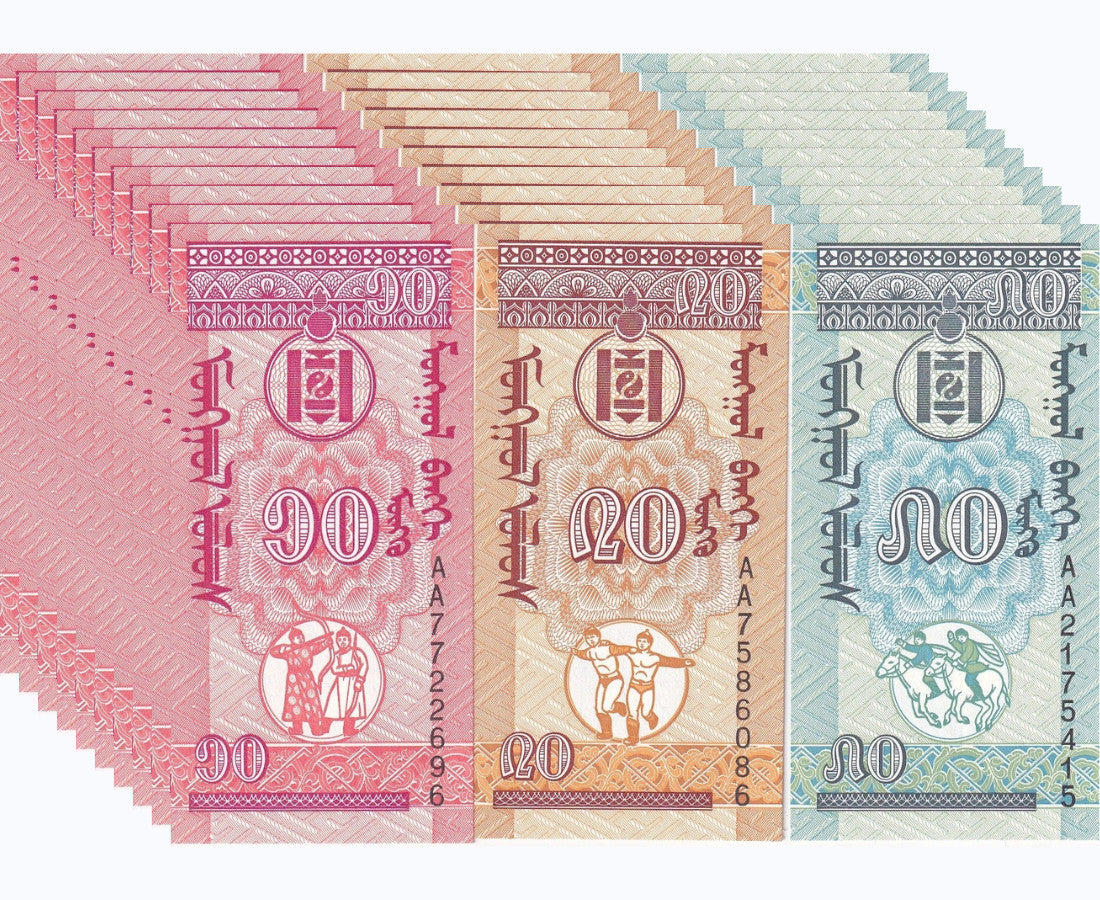 Mongolia set 3 x 10 Lot = 30 Pcs 10 20 50 Mongo 1993 P 49 50 51 UNC