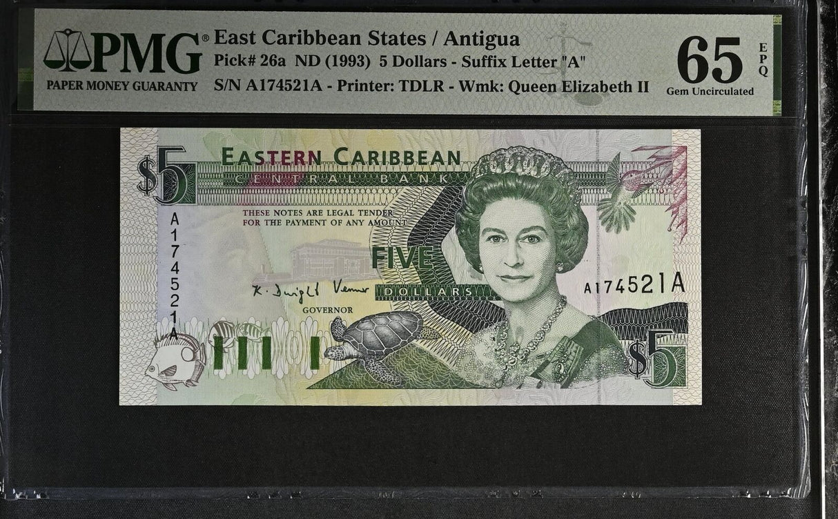 East Caribbean States 5 Dollars ND 1993 P 26 a Gem UNC PMG 65 EPQ