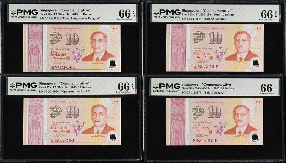 Singapore Set 4; 10 Dollars 2015 P 56 57 58 P 59 ONE DIAMOND Gem UNC PMG 66 EPQ