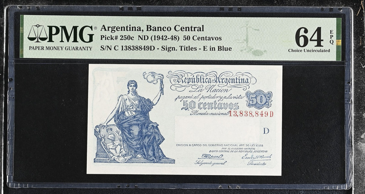 Argentina 50 Centavos ND 1942-48 P 250 c Choice UNC PMG 64 EPQ TOP POP