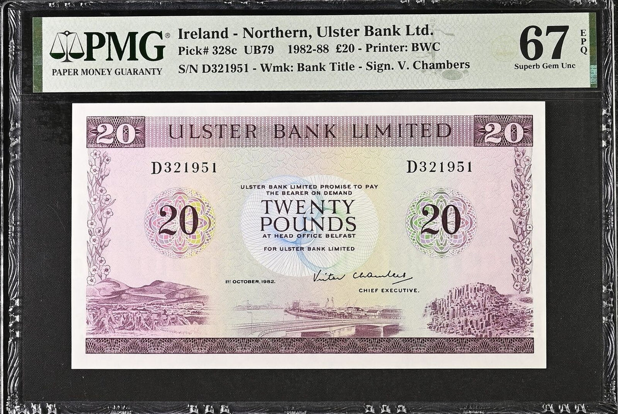 Northern Ireland 20 Pounds 1982 P 328 c Superb Gem UNC PMG 67 EPQ