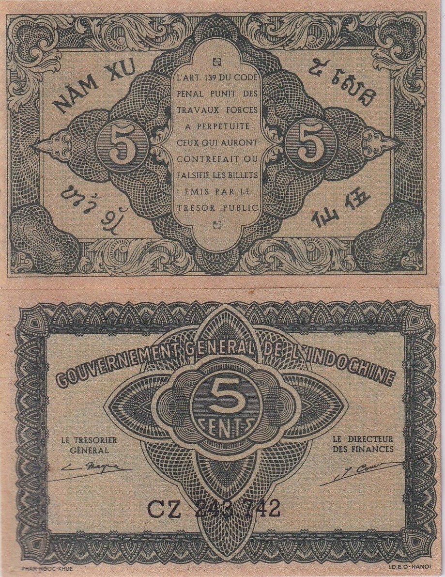 French Indochina 5 Cents ND 1942 P 88 b UNC