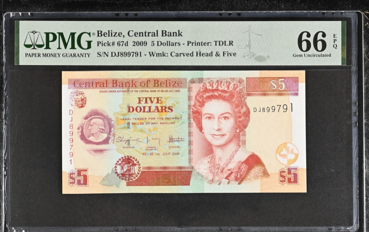 Belize 5 Dollars 2009 P 67 d Gem UNC PMG 66 EPQ