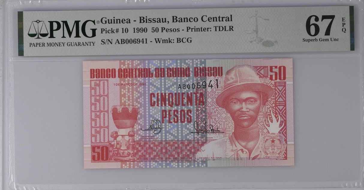Guinea Bissau 50 Pesos 1990 P 10 Prefix AB Superb Gem UNC PMG 67 EPQ