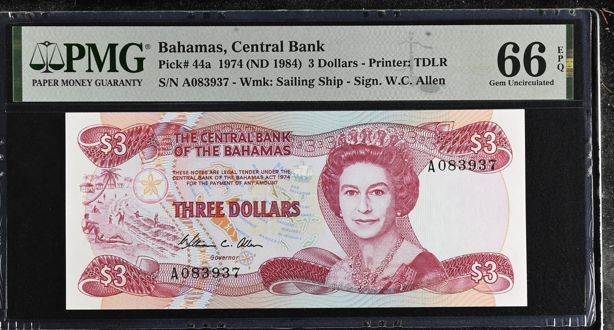 Bahamas 3 Dollars 1974 ND 1984 P 44 a Gem UNC PMG 66 EPQ