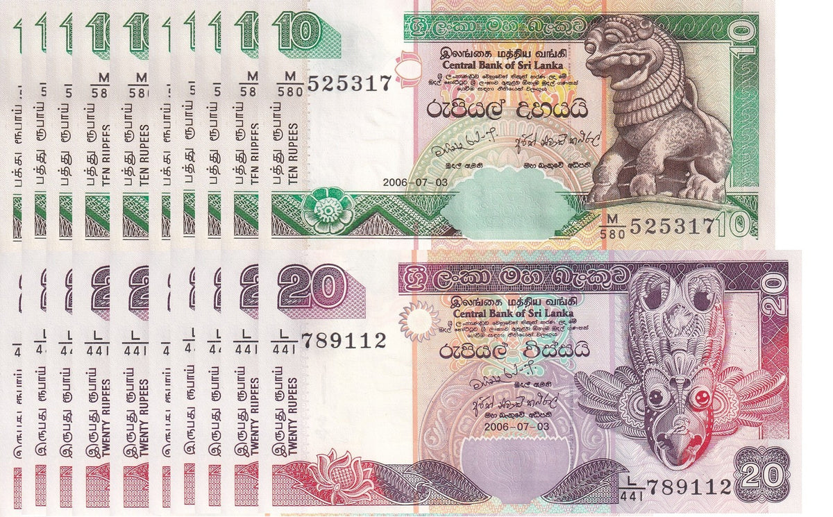 Sri Lanka Set 2 X LOT 10 =20 UNC 10 20 Rupees Random P 108 109