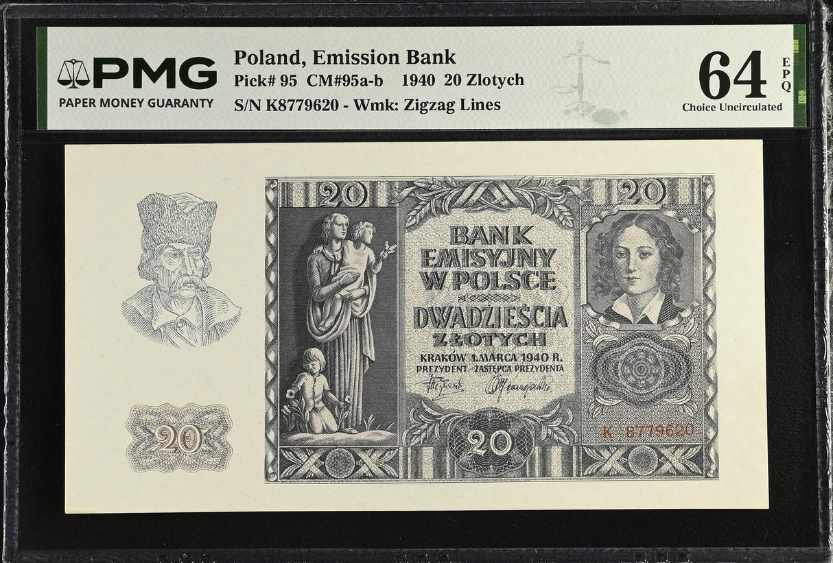 Poland 20 Zlotych 1940 P 95 Choice UNC PMG 64 EPQ