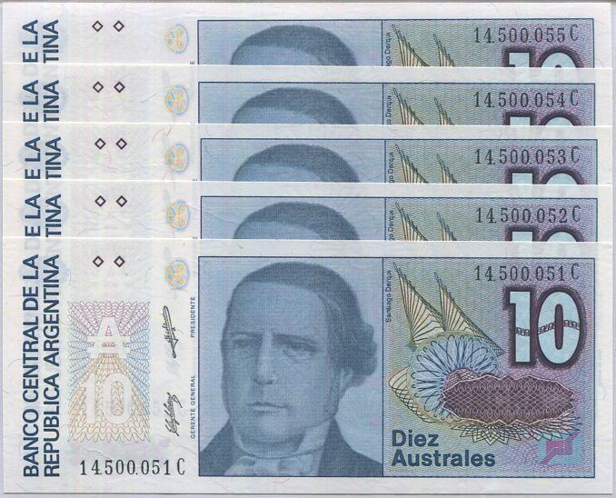Argentina 10 Australes ND 1985-1989 P 325 b UNC LOT 5 PCS