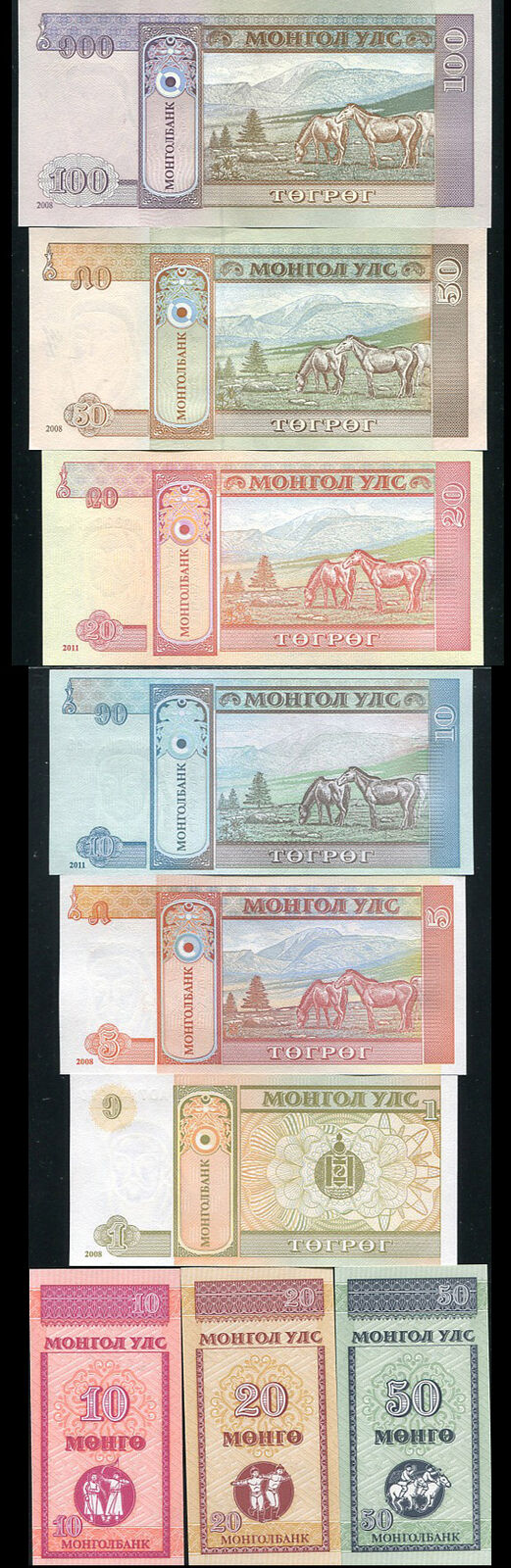 Mongolia Set 9 Pcs 10 20 50 MONGO 1 5 10 20 50 100 TUGRIK RANDOM YEAR UNC