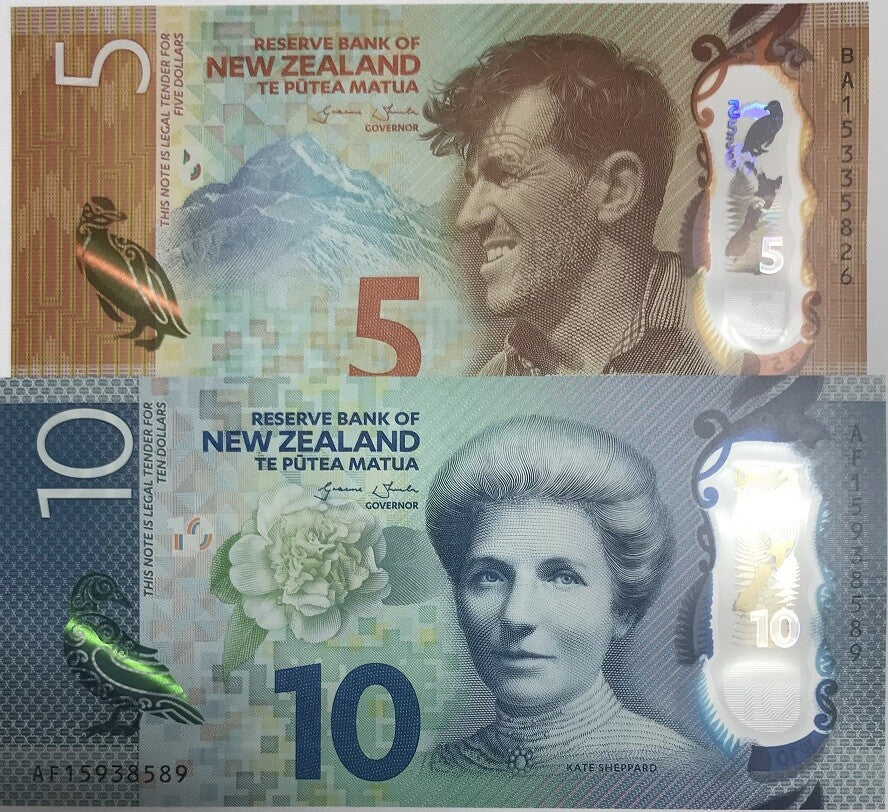New Zealand Set 2 Pcs 5 10 Dollars 2015 P 191 192 UNC