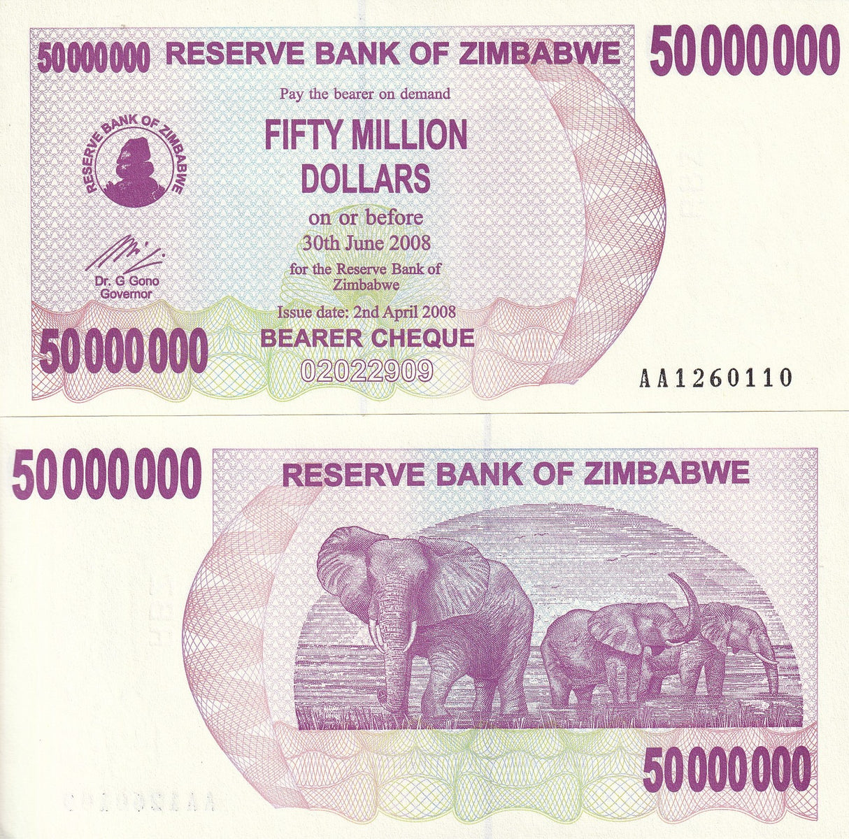 Zimbabwe 50 Million 50000000 Dollars 2008 P 57 UNC