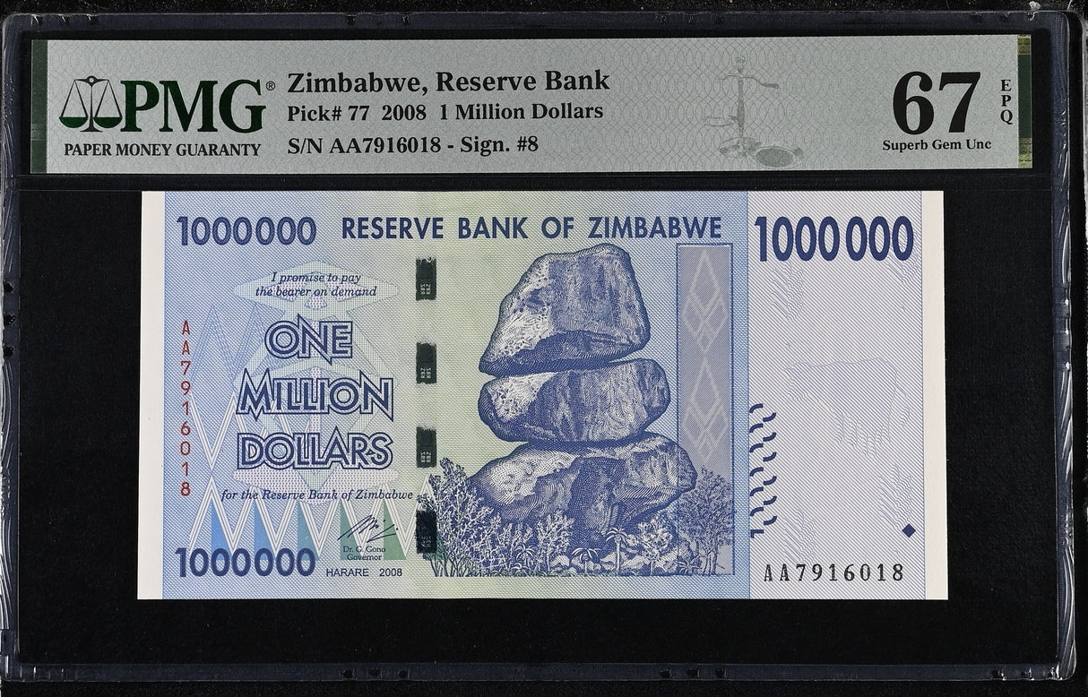 Zimbabwe 1 Million Dollars 2008 P 77 Superb Gem UNC PMG 67 EPQ