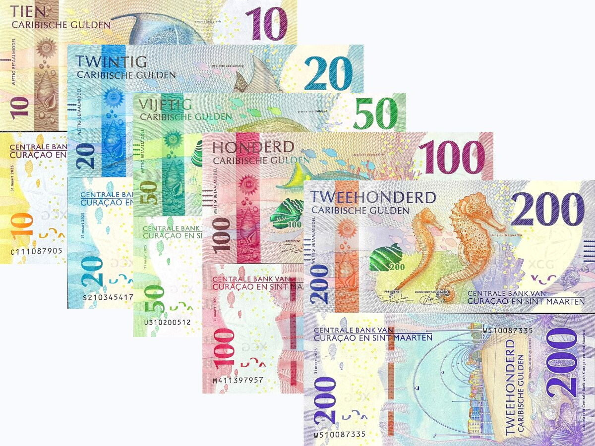 CURACAO & SINT MAARTEN SET 5 UNC 10-200 Gulden 2025 P 1 2 3 4 5 Seahorse
