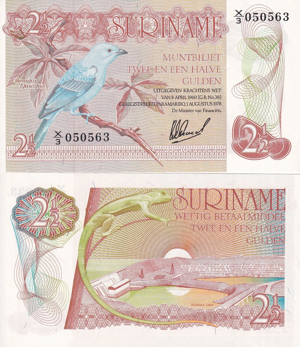 SURINAME SURINAM 2.5 , 2 1/2 GULDEN 1978 W 4 LINES BIRD P 118 UNC