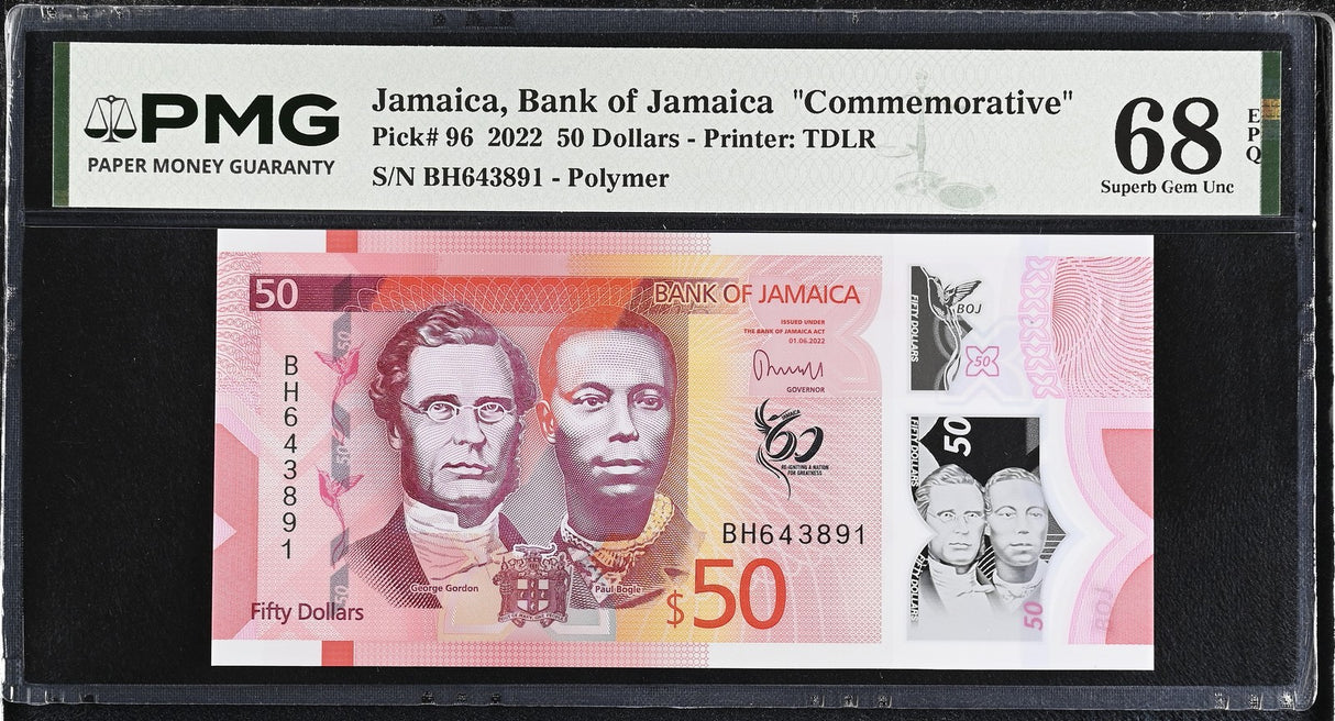 Jamaica 50 Dollars 2022 P 96 Polymer Commemorative Superb Gem UNC PMG 68 EPQ