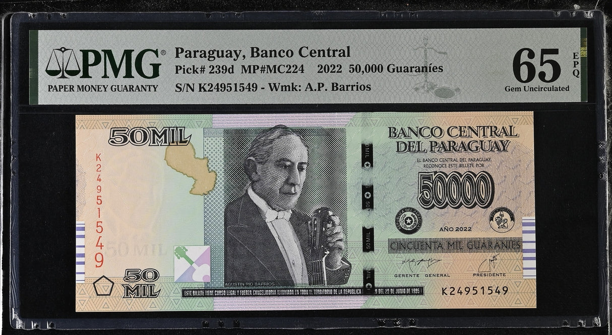 Paraguay 50000 Guarani 2022 P 239 d Gem UNC PMG 65 EPQ