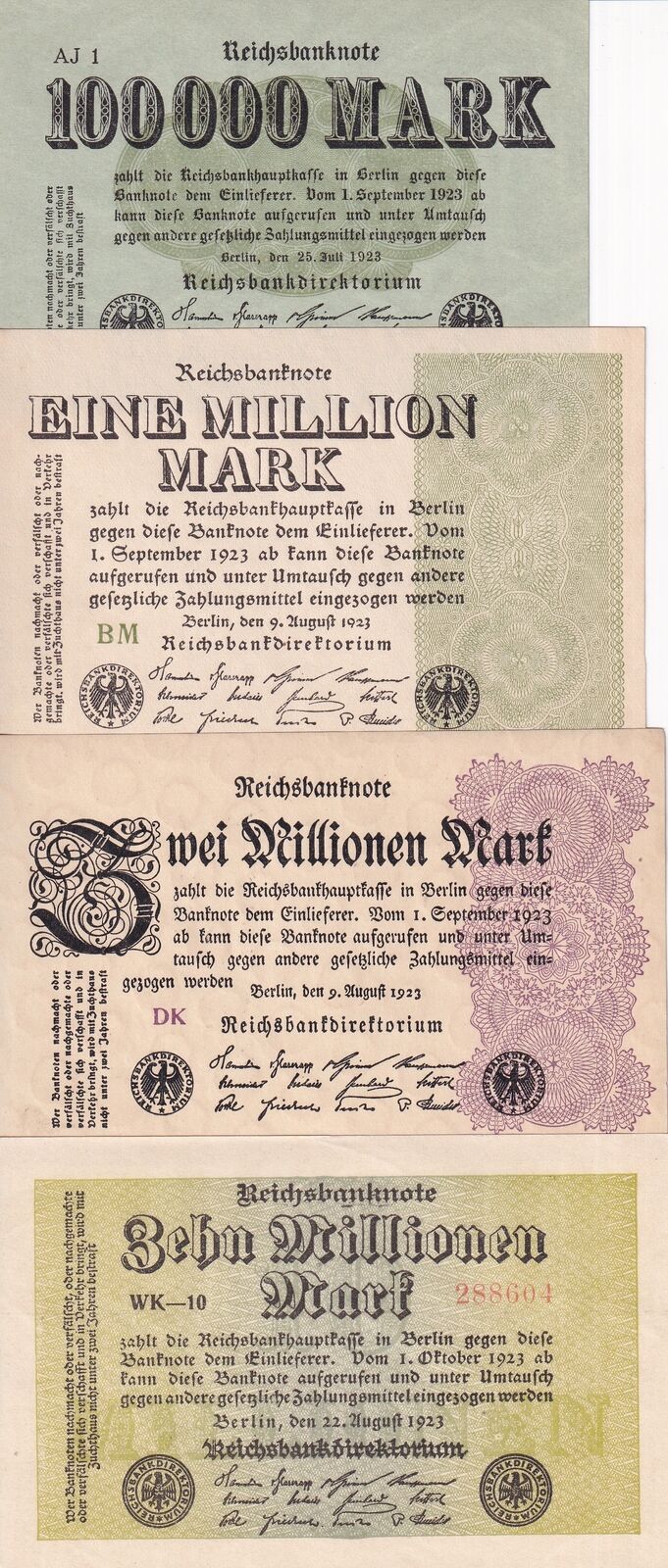 Germany Set 4 PCS 100000 - 10 Million Mark 1923 P 91 102 104 106 AUnc