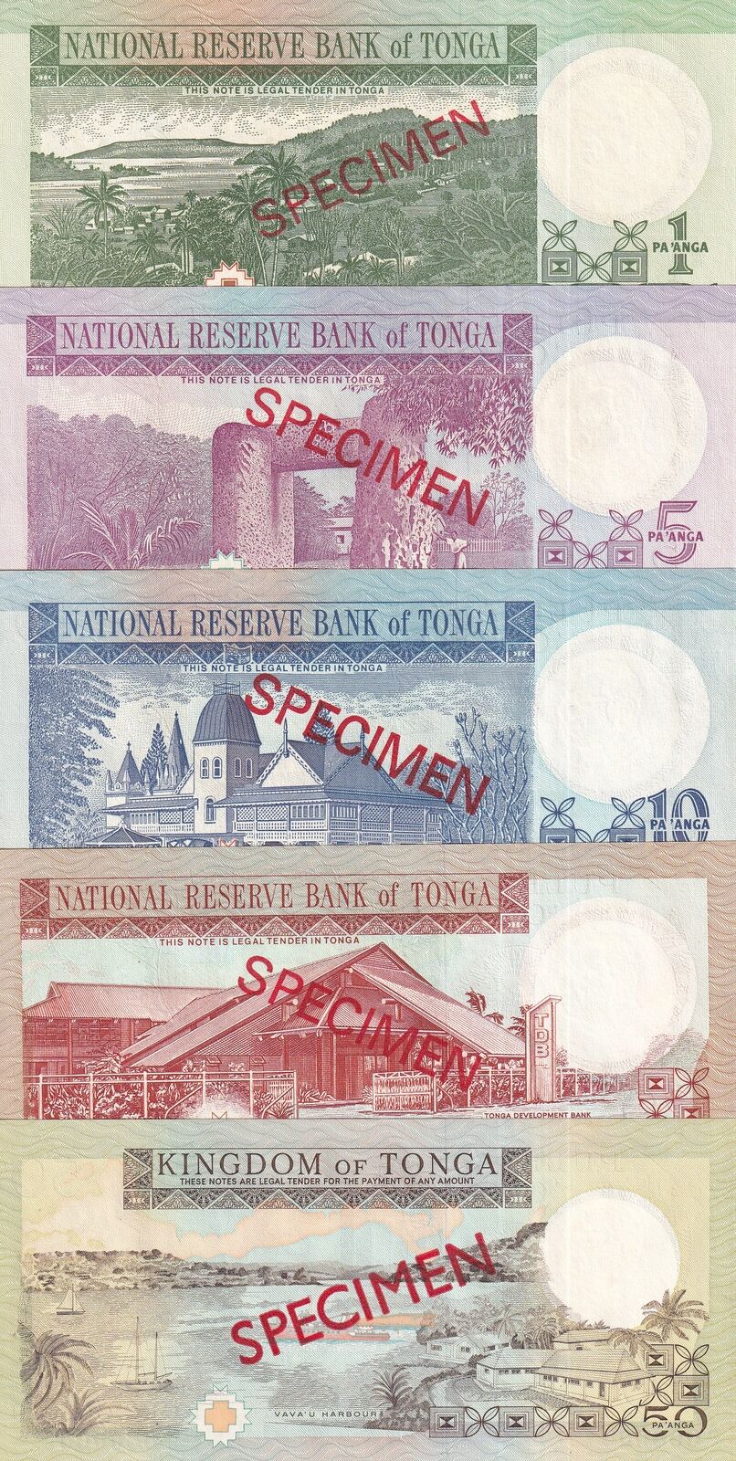 Tonga Set 5 UNC 1 5 10 20 50 Pa'anga ND 1995 P 31 33 34 35 26 SPECIMEN