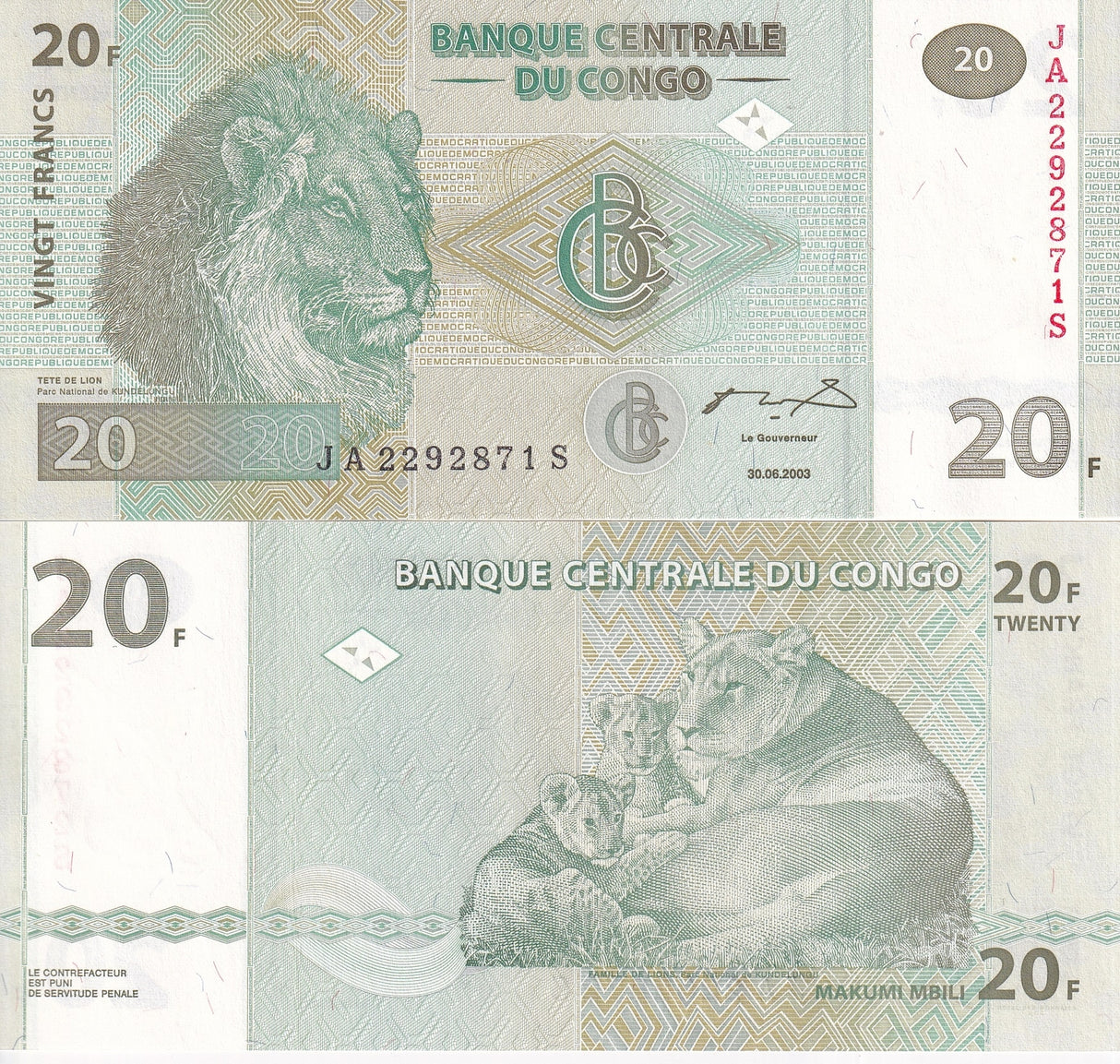 Congo DEMOCRATIC REPUBLIC 20 Francs 2003 P 94 UNC G&D Lion, Kundelongu Park