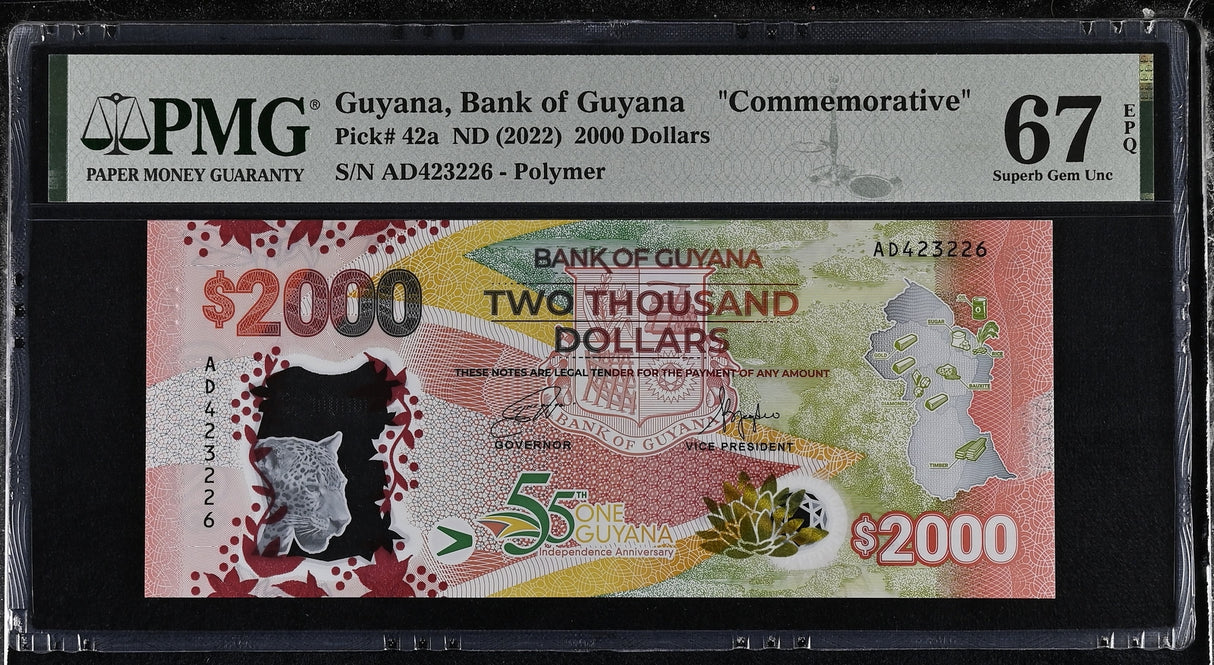 Guyana 2000 Dollars ND 2022 Comm. P 42 a Polymer Superb Gem UNC PMG 67 EPQ