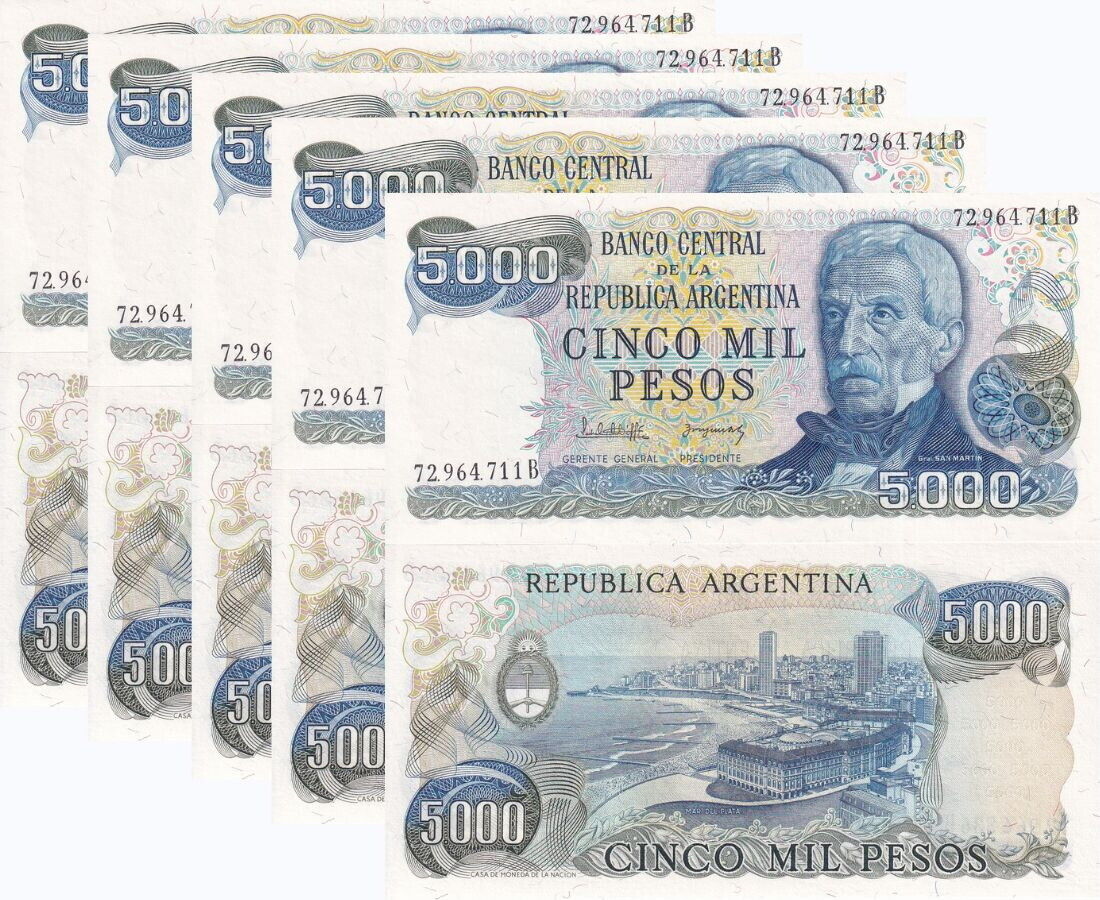 Argentina 5000 Pesos ND 1977-1983 P 305 b Sign #2 UNC LOT 5 PCS
