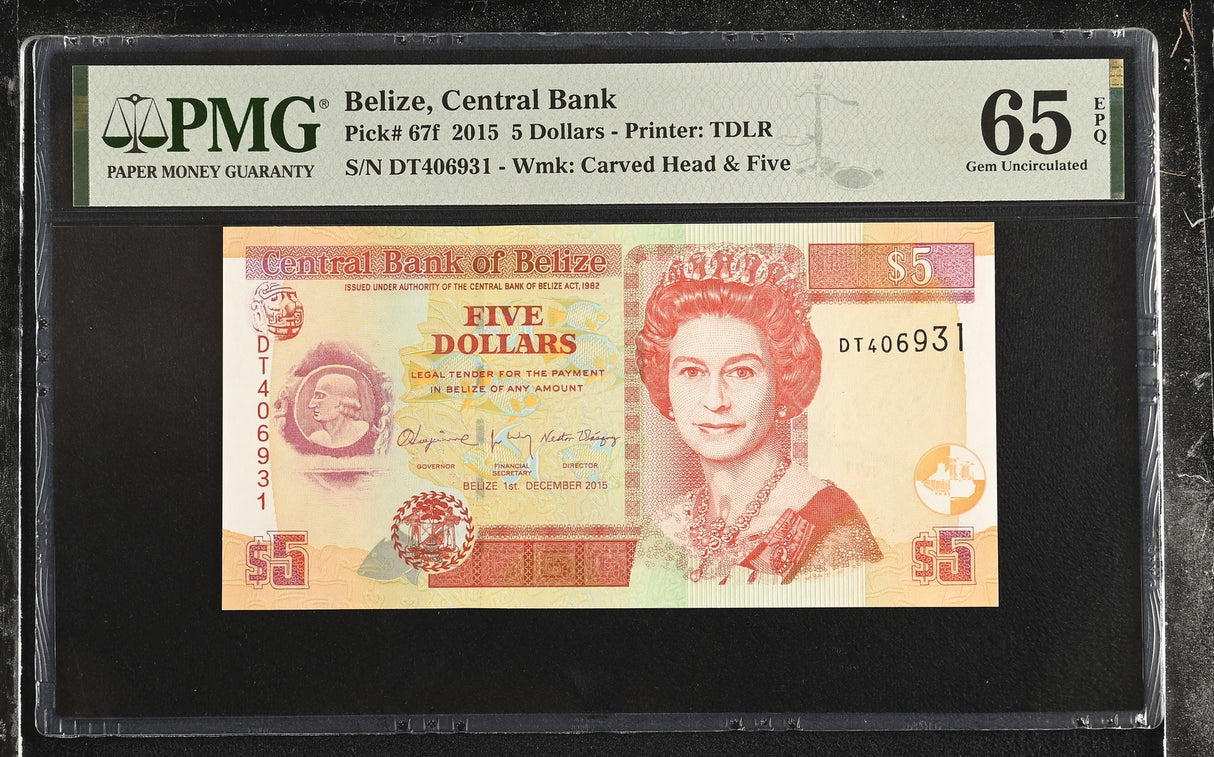 Belize 5 Dollars 2015 P 67 f Gem UNC PMG 65 EPQ