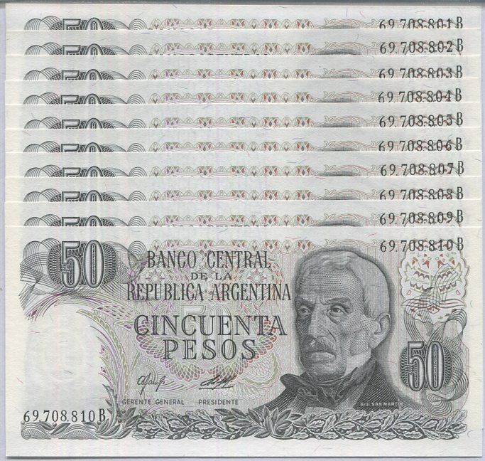 Argentina 50 Pesos ND 1976-78 P 301 UNC LOT 10 PCS 1/10 BUNDLE