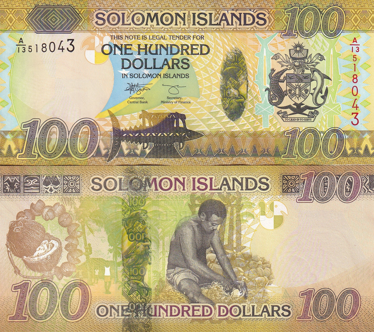 Solomon Islands 100 Dollars 2023 P 36 c UNC, Flag, arms, Coconut harvest