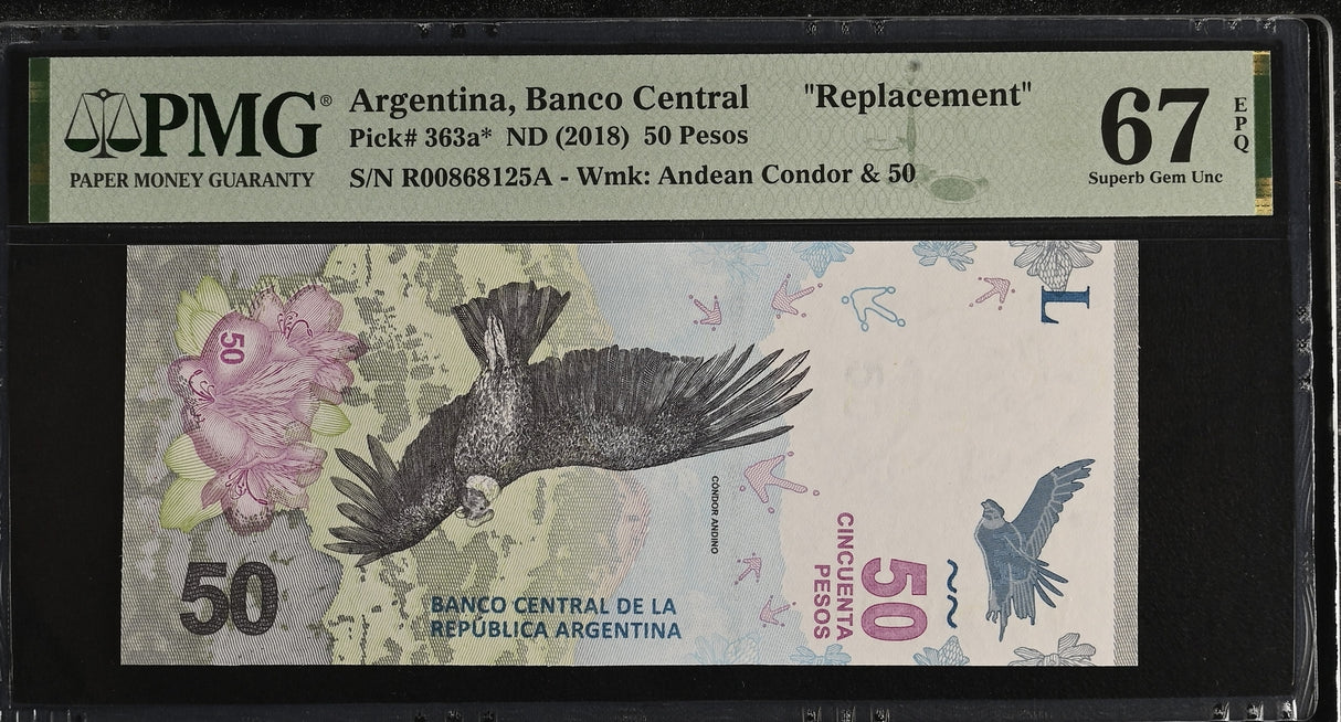 Argentina 50 Pesos ND 2018 P 363 a* Replacement Superb Gem UNC PMG 67 EPQ