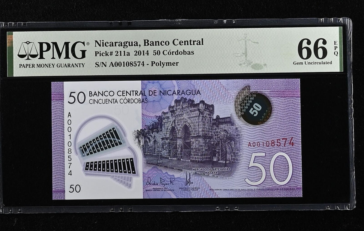 Nicaragua 50 Cordobas 2014 P 211 a Polymer Gem UNC PMG 66 EPQ