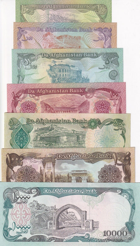 Afghanistan Set 7 UNC 10 20 50-10000 Afghanis 1979-1993 P 55 56 57 58 60 61 63